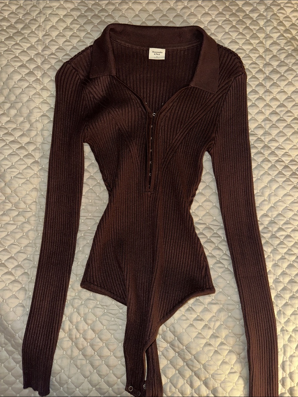 Abercrombie & Fitch Ribbed Long-Sleeve Polo Bodysuit in Dark Brown